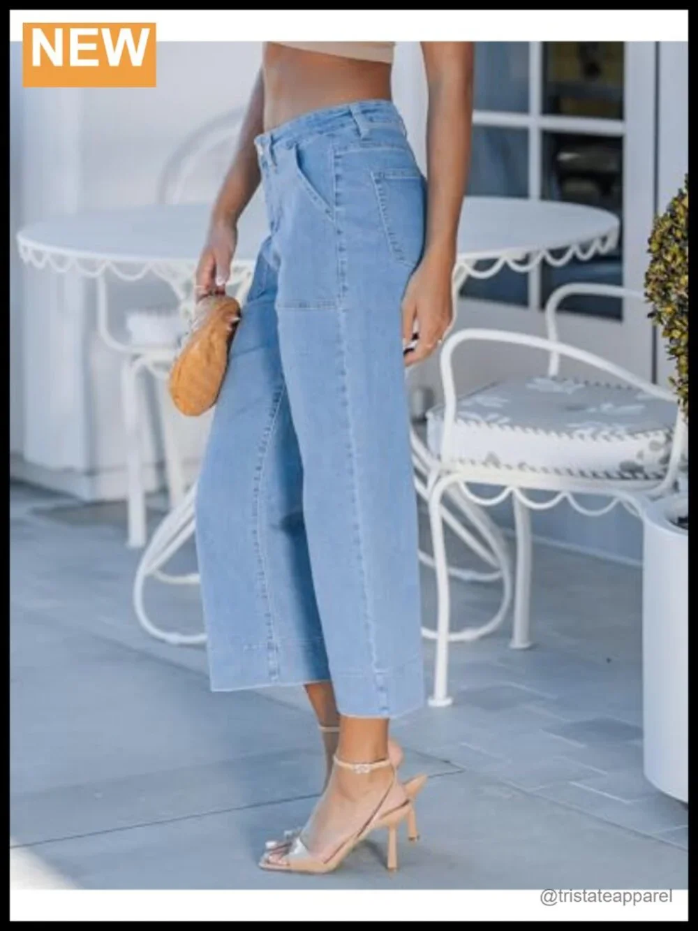 High Waisted Wide Leg Cropped Denim Capris with Pockets